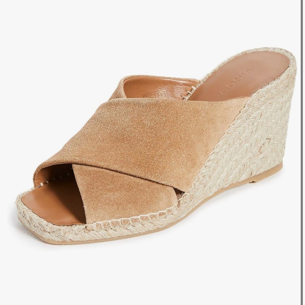 Vince Gaelan Tan Leather Criss Cross Wedge Slide Espandrille Sandals